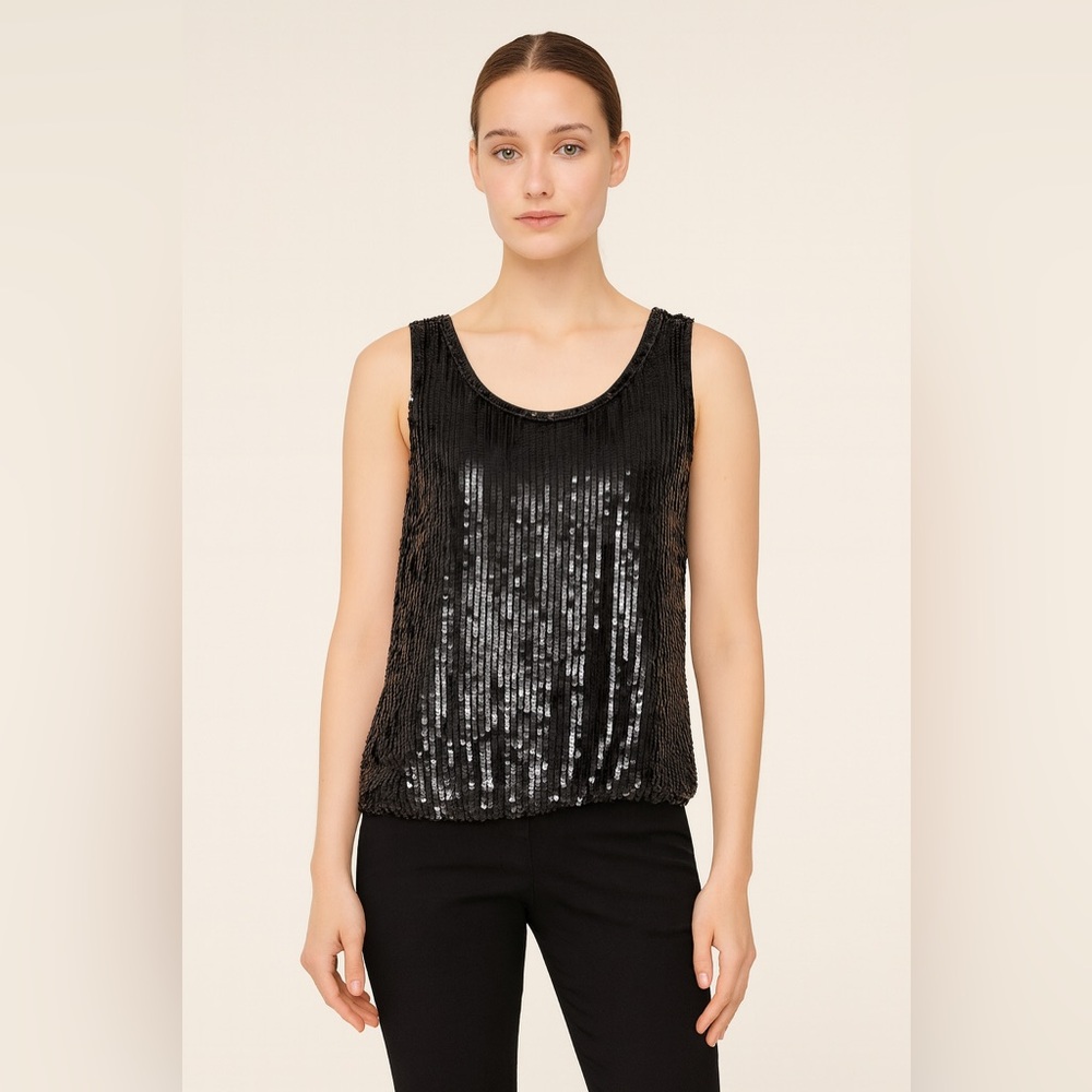 Vintage 80s Oleg Cassini Black Sequin Tank Top Y2K Party Holiday Medium